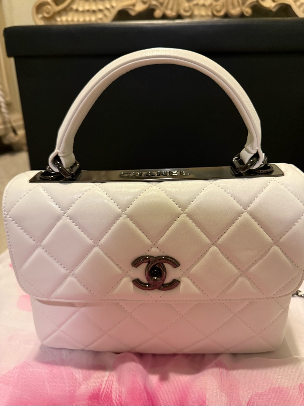 White Quilted Top-Handle Leather Bag